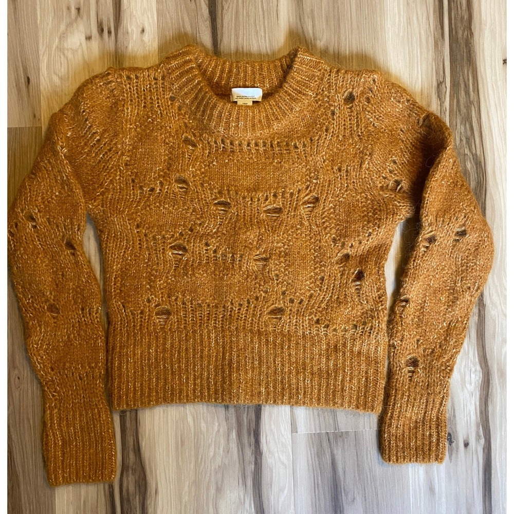 HM Alpaca Wool Blend Distressed Pointelle Knit Sweater Mustard Orange Womens M